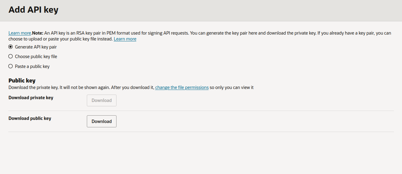 OCI Add API Key dialog