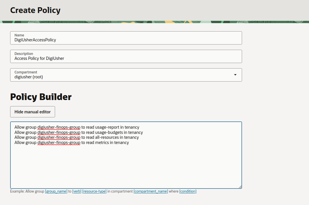 OCI Create Policy with manual editor and statements