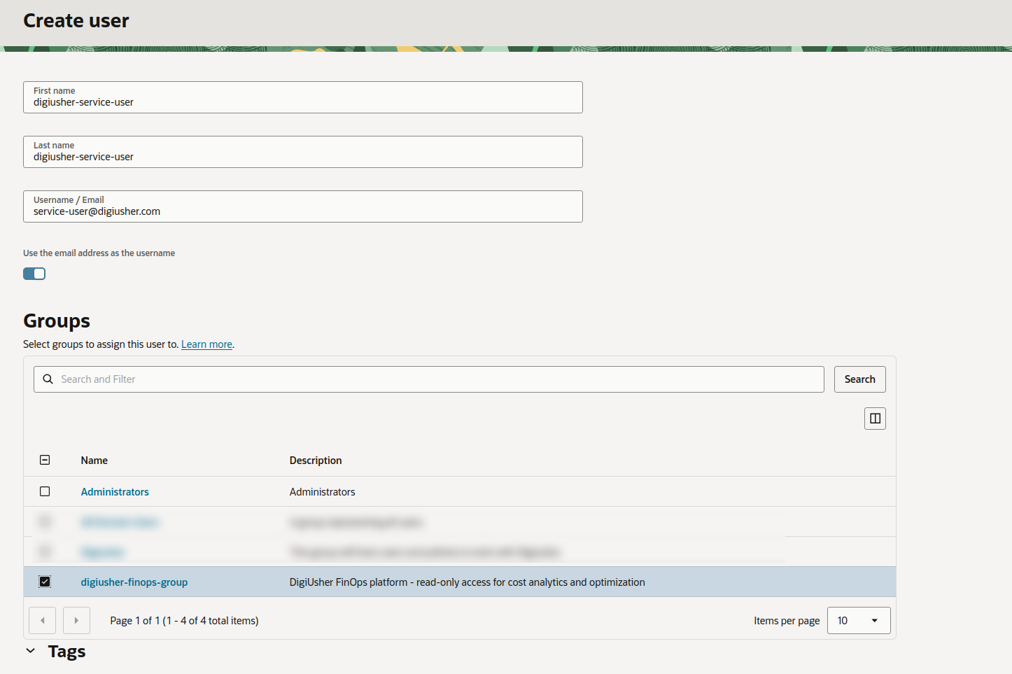 OCI Create User form with group assignment