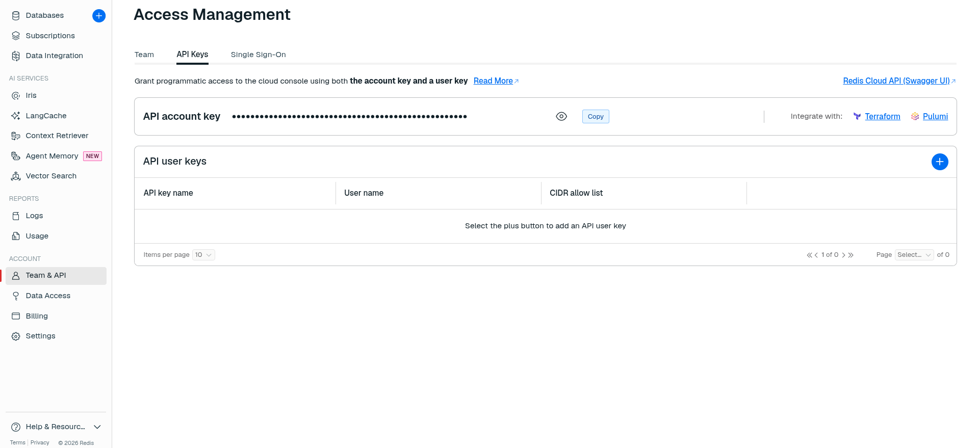 Redis Cloud Access Management API Keys page