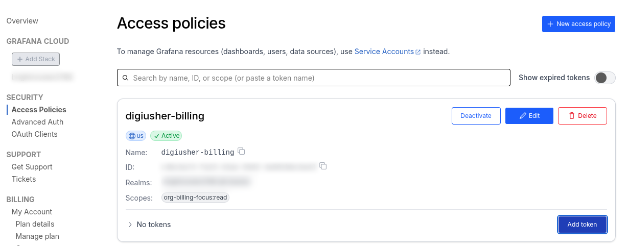 Grafana Cloud Access Policies page