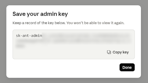 Generated Admin API key shown at creation