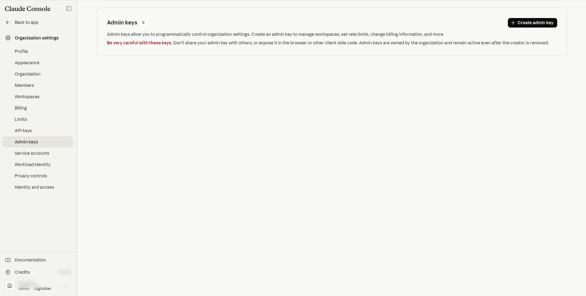 Admin key page in the Anthropic Console