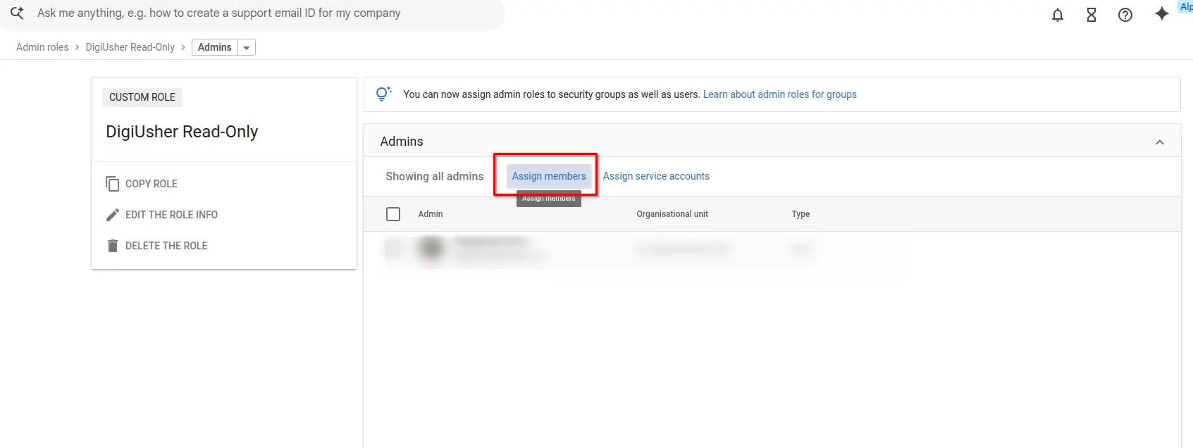 DigiUsher Read-Only role with assigned admin member