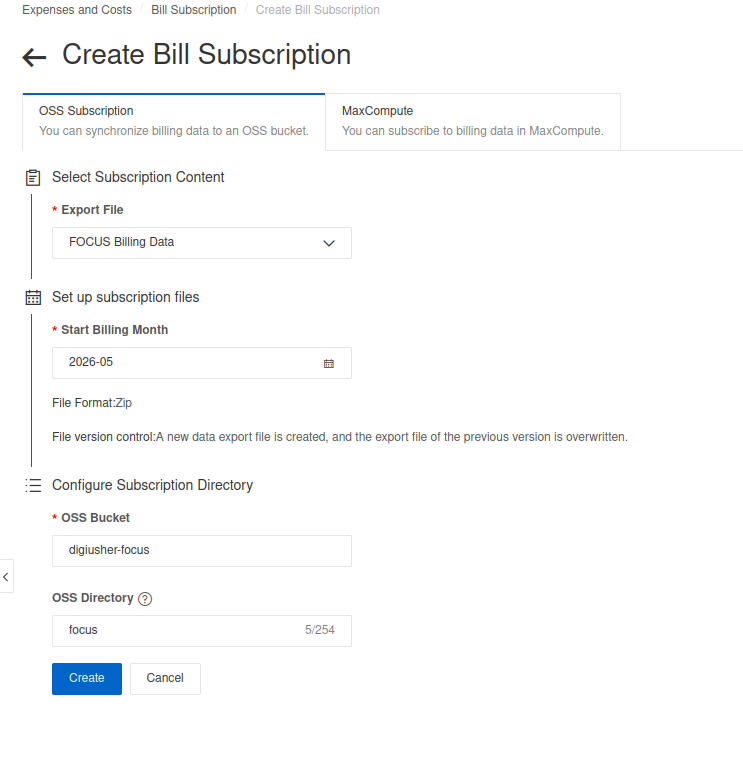 Create FOCUS billing data export to OSS bucket
