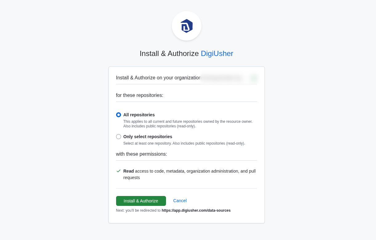 GitHub Install and Authorize page showing Read access to organization administration permission