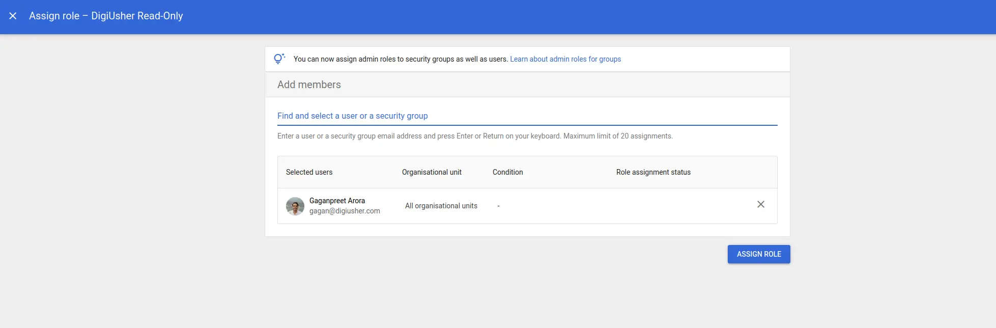 Assign role dialog showing member selection