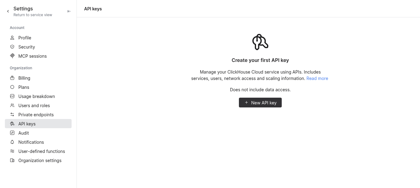 ClickHouse Cloud API keys page