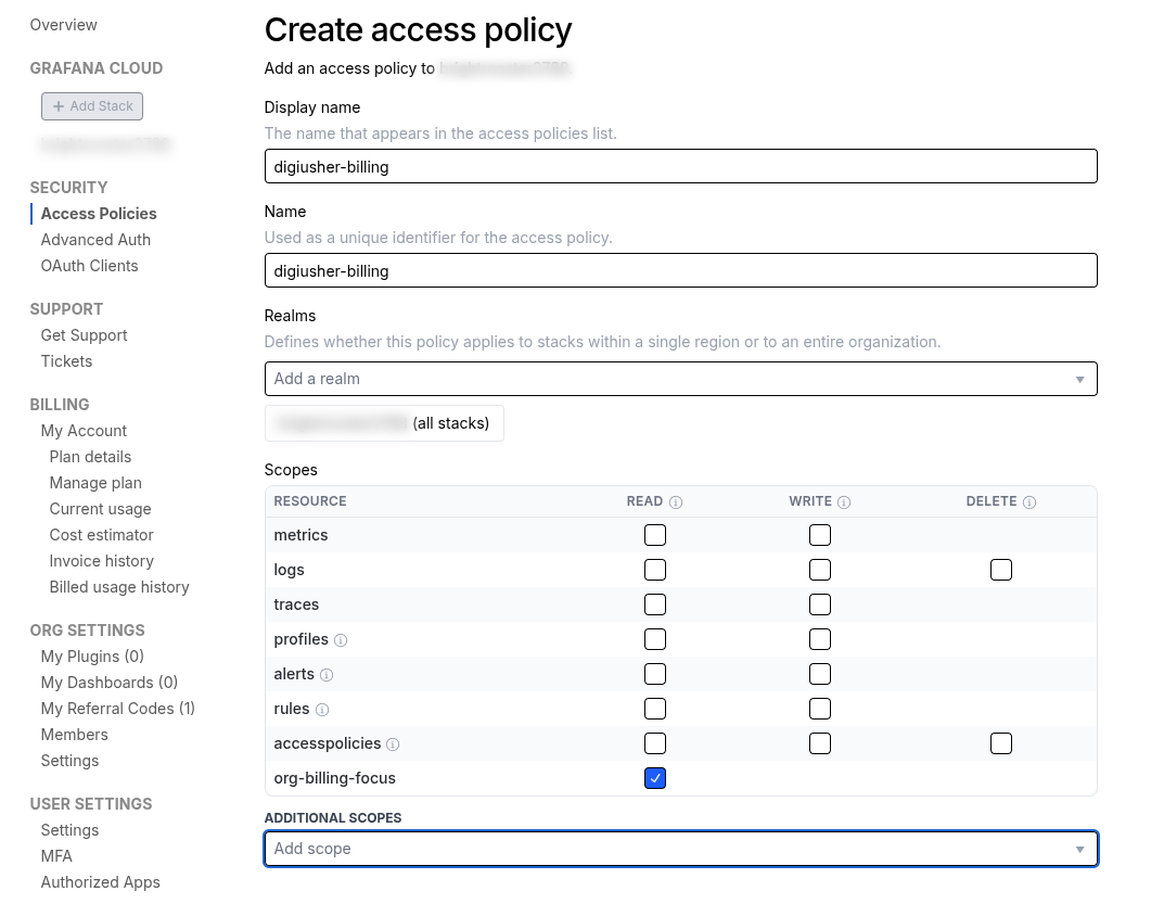 Create an access policy with org-billing-focus read scope