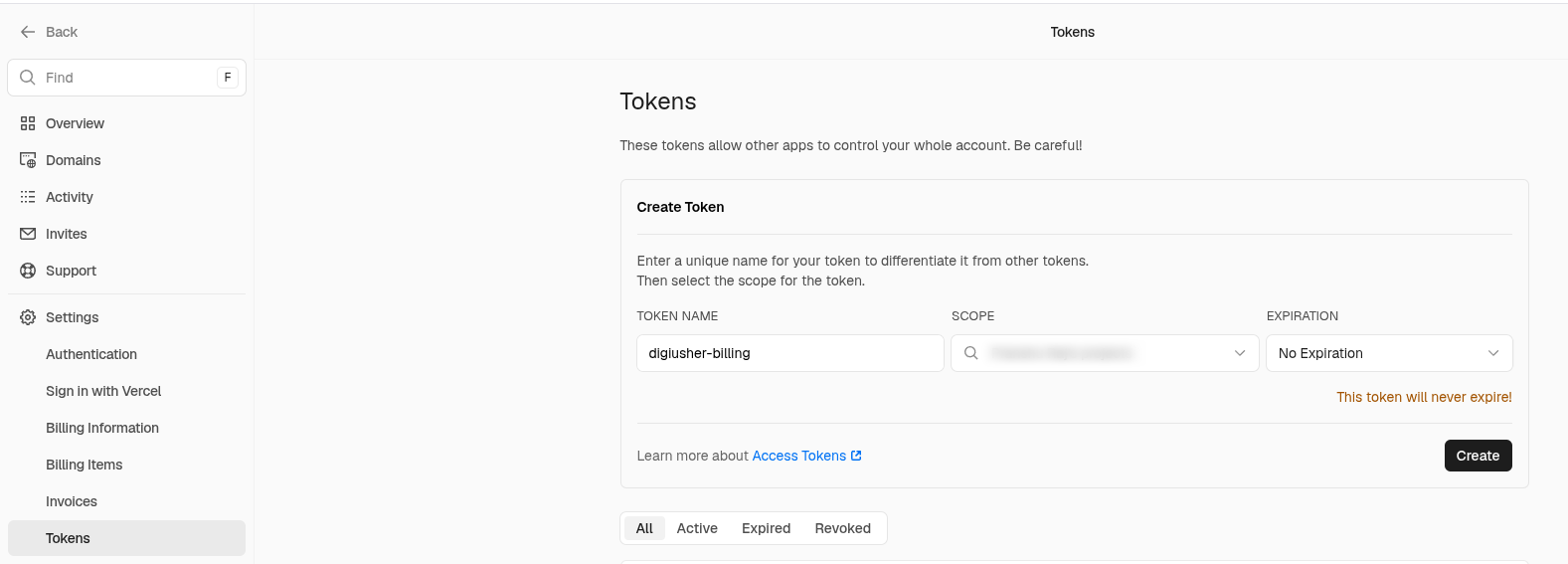 Create an access token on the Vercel Tokens page