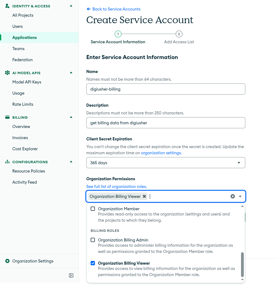 Selecting the Organization Billing Viewer role when creating the service account