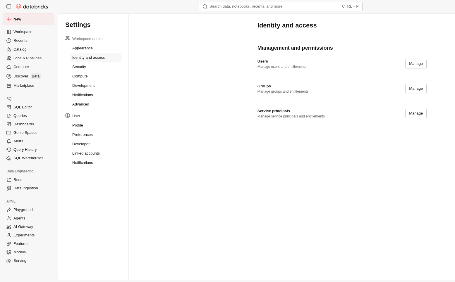 Workspace Identity and access settings