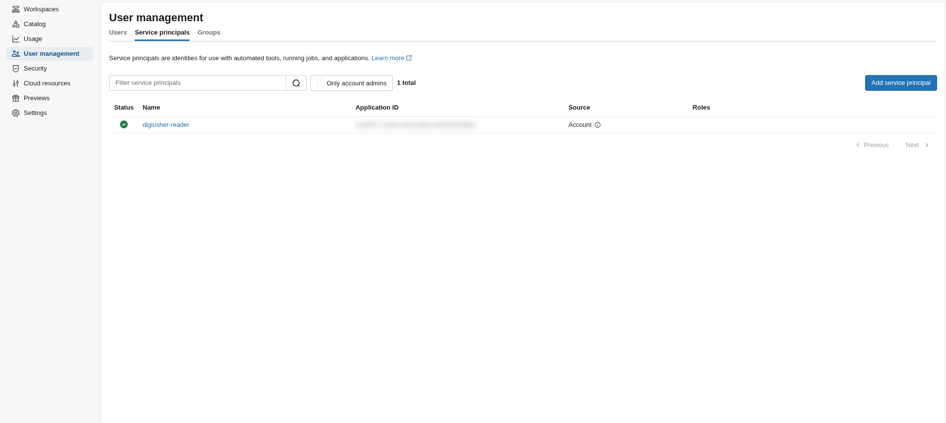 Service Principals page in the account console