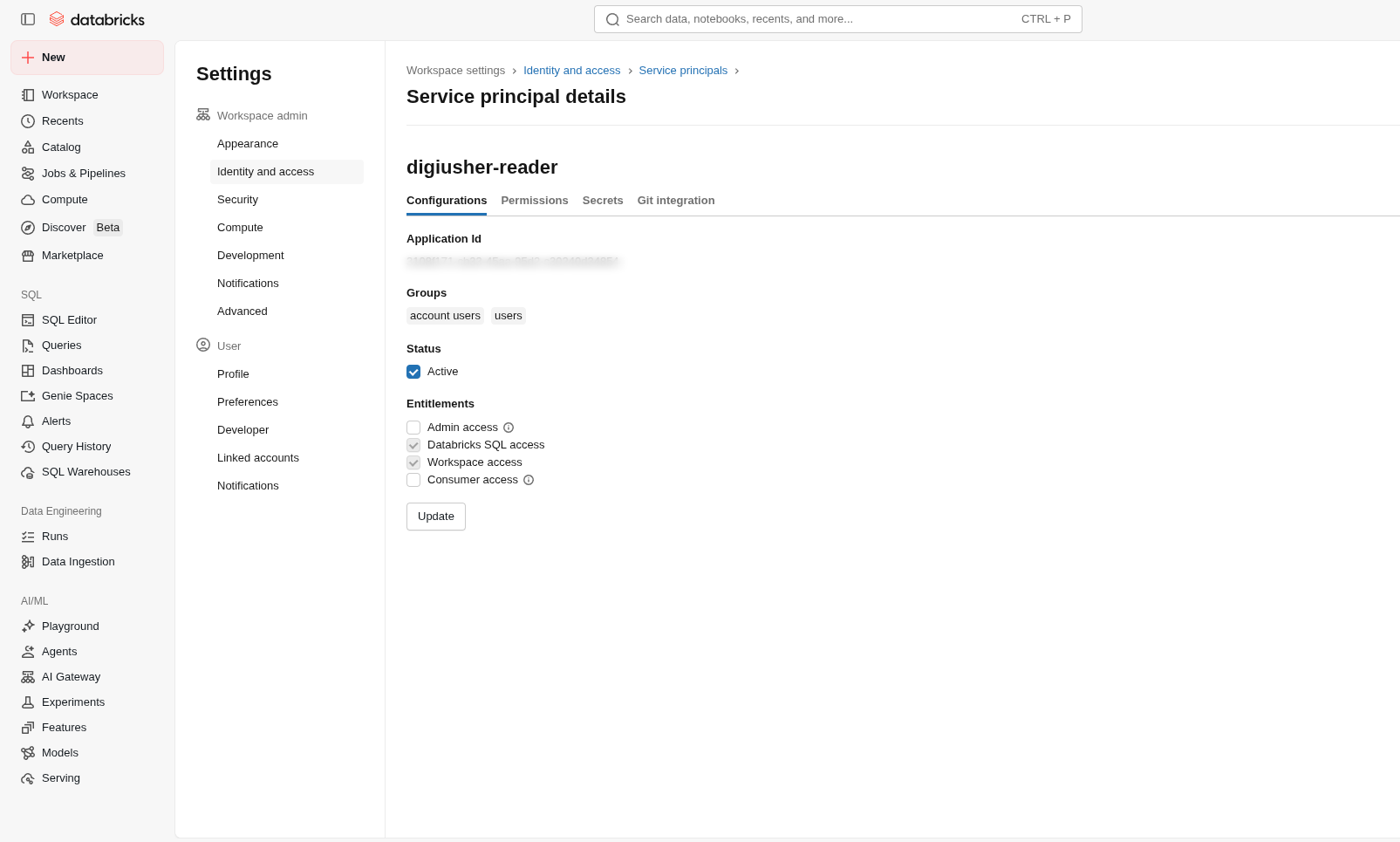 Service principal added to the workspace