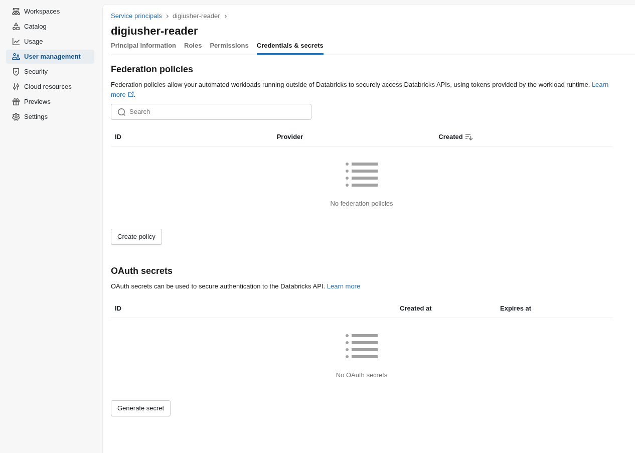 Service principal Secrets tab