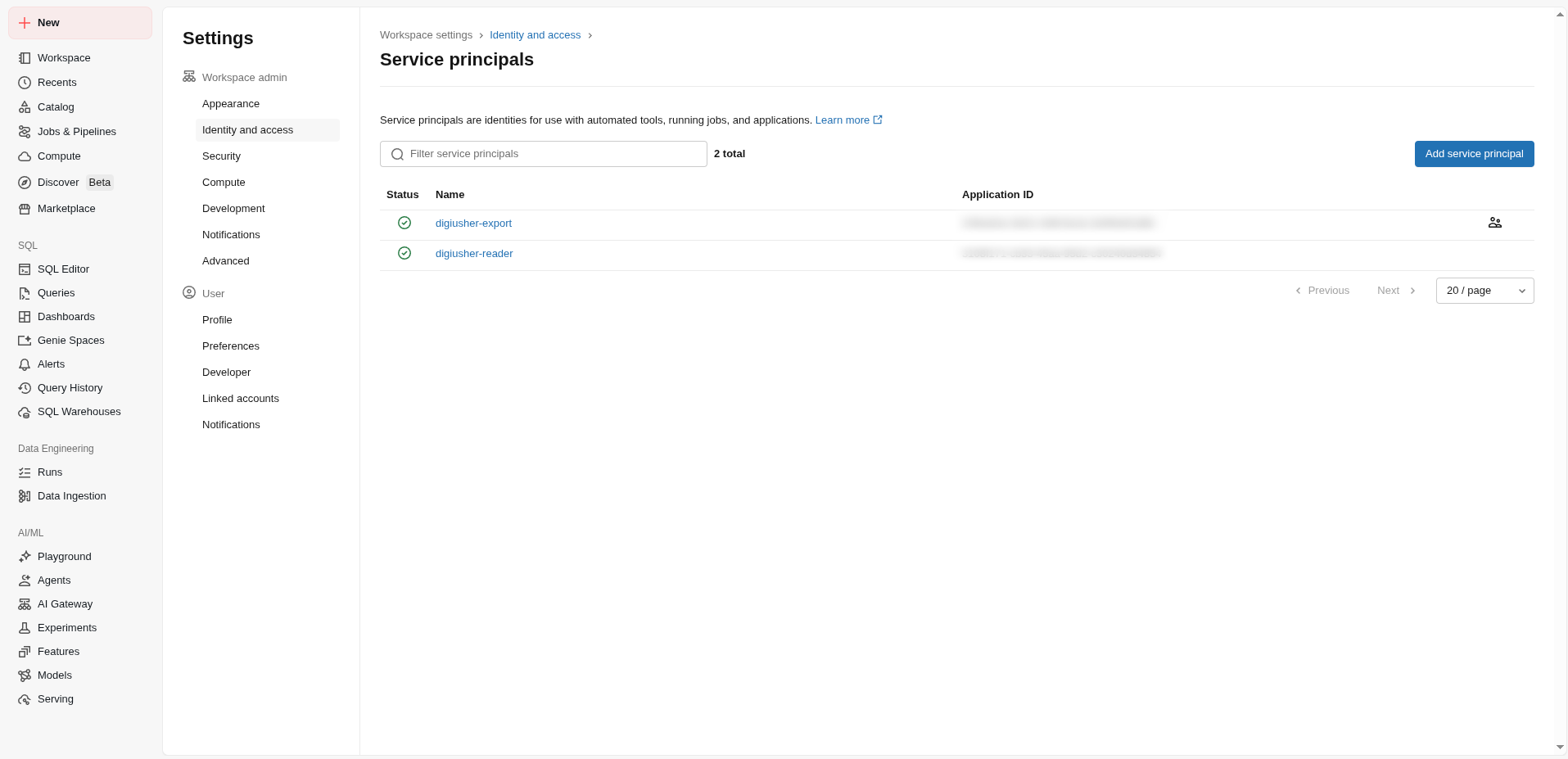 Service Principals page in the IAM page