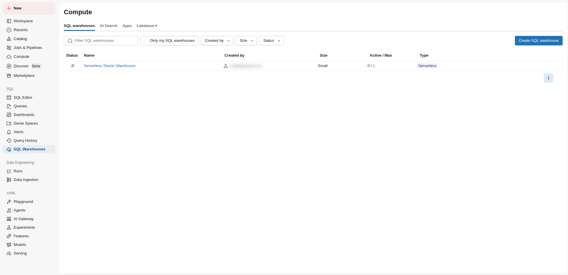 SQL Warehouses list
