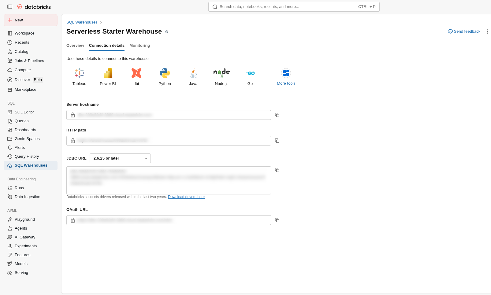 SQL warehouse connection details