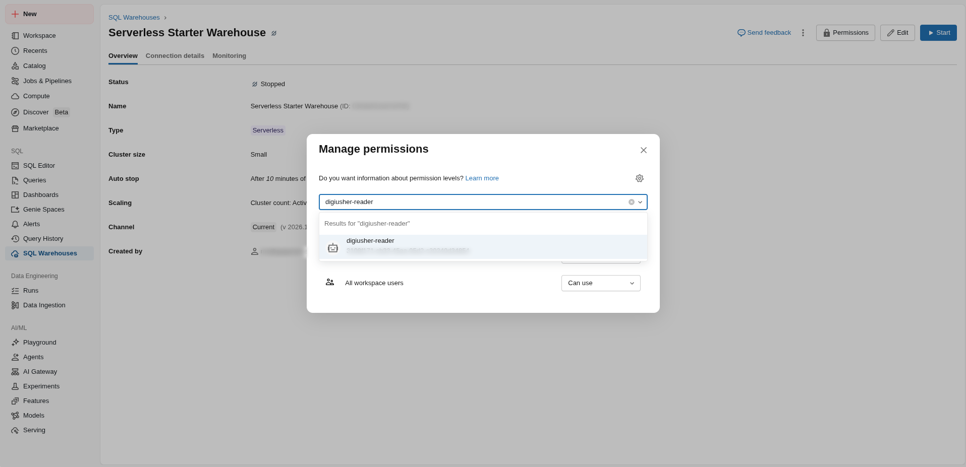 Grant permission on the SQL warehouse