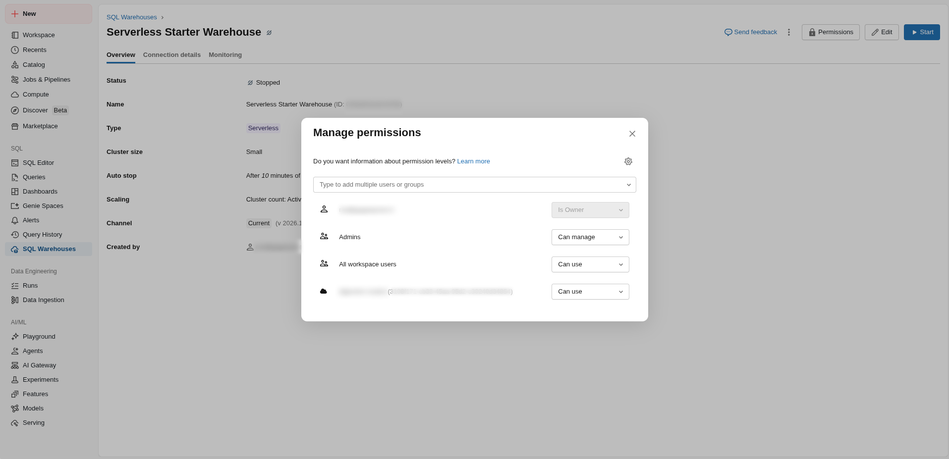 SQL warehouse Permissions tab