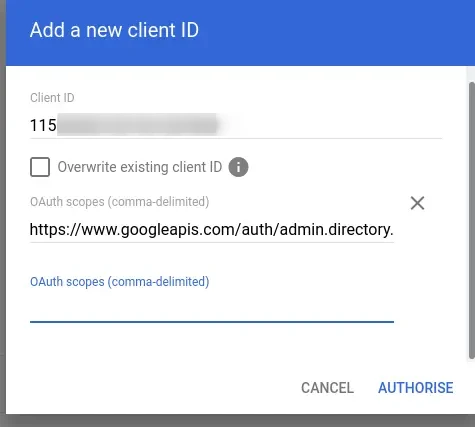 Add new client ID dialog with Client ID and OAuth scopes