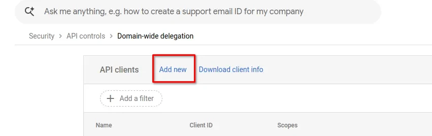 Google Admin Console Domain-Wide Delegation page