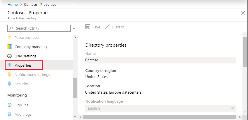 Azure Entra ID Properties page