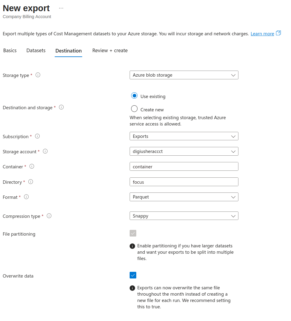 Azure FOCUS export creation confirmation