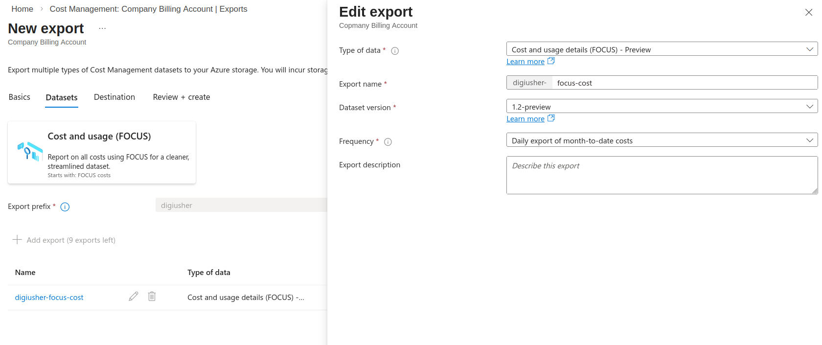 Azure FOCUS export configuration