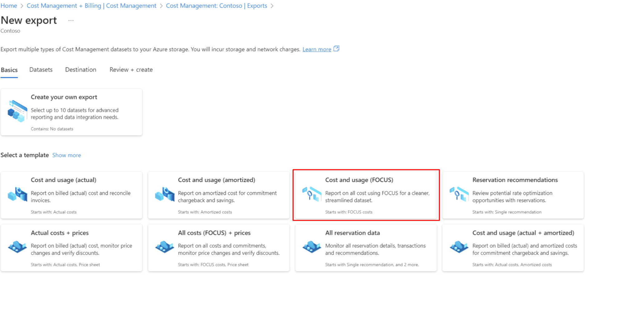 Azure FOCUS cost export type selection