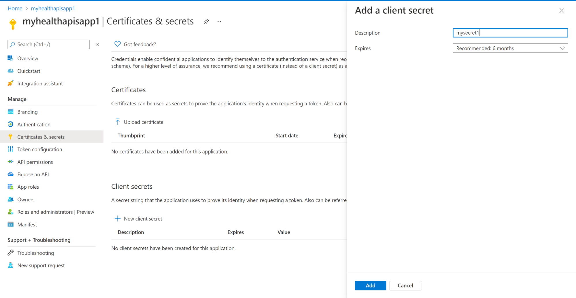 Azure client secret creation