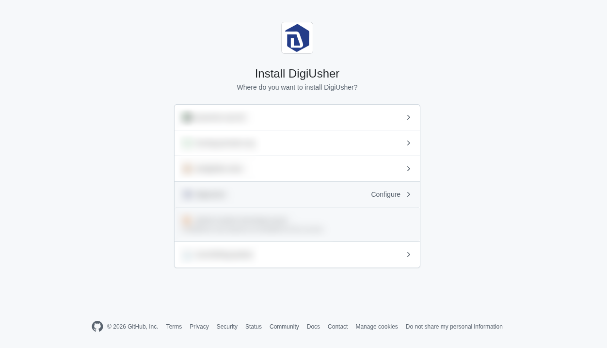 GitHub app installation page asking where to install the DigiUsher App