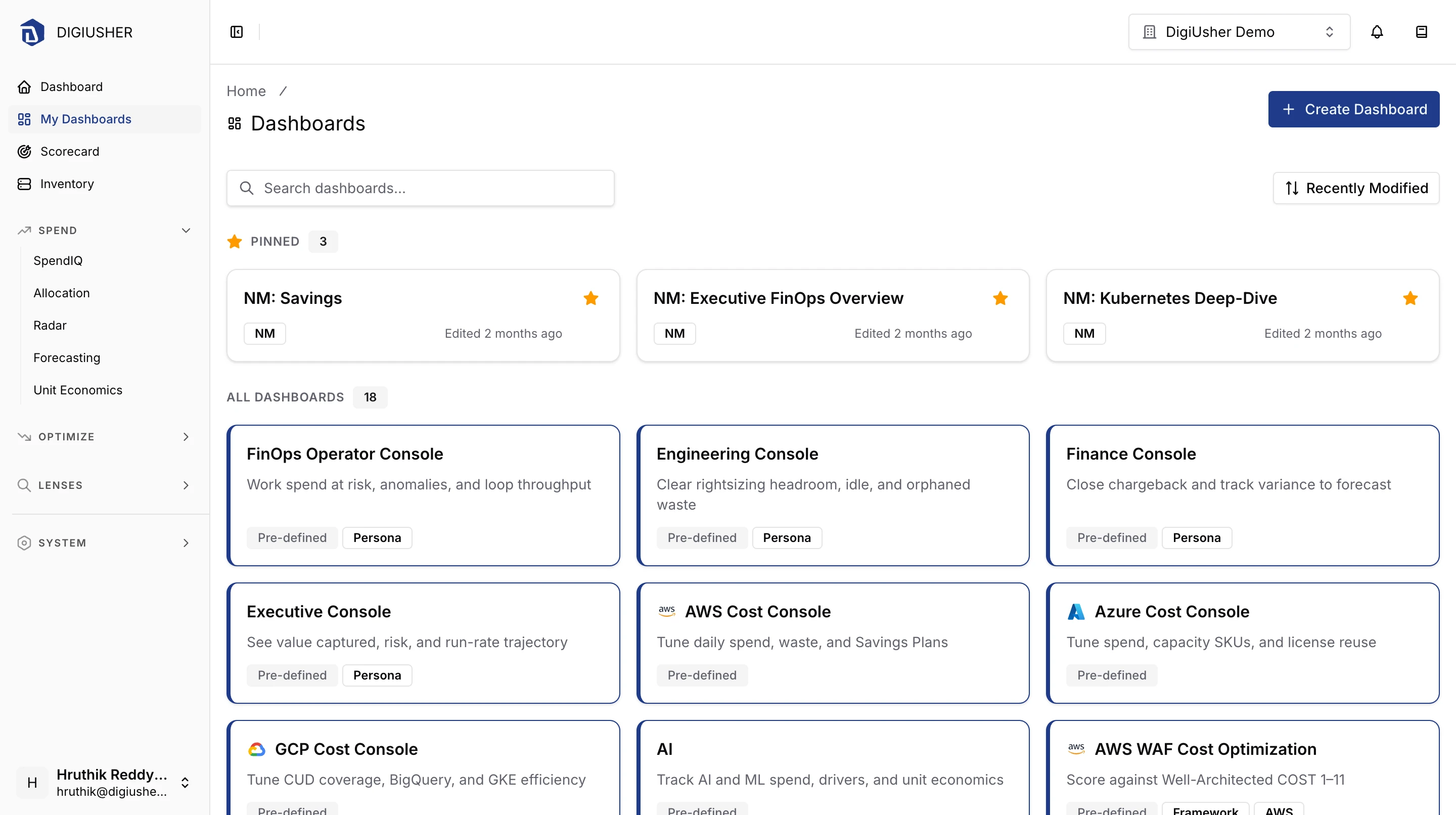 The My Dashboards browser, with pinned custom dashboards above the full list