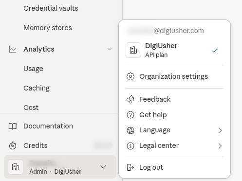 Organization settings on dashboard - bottom left
