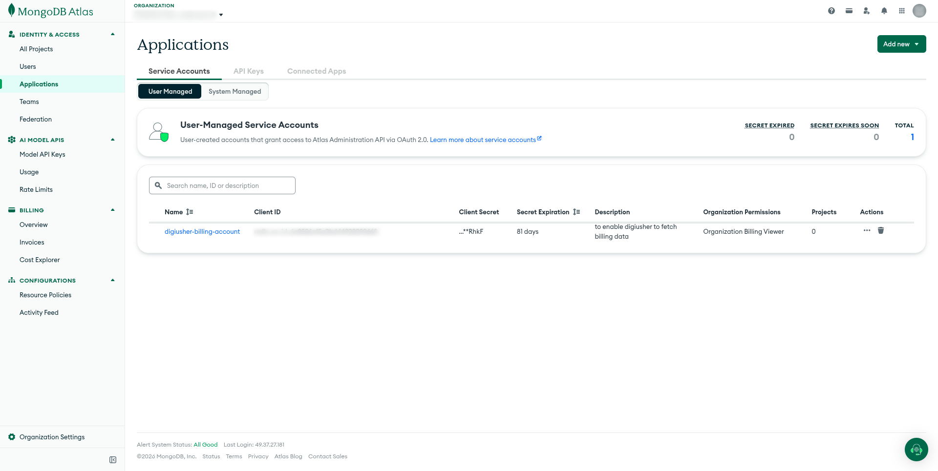 Service Accounts on the Atlas Applications page