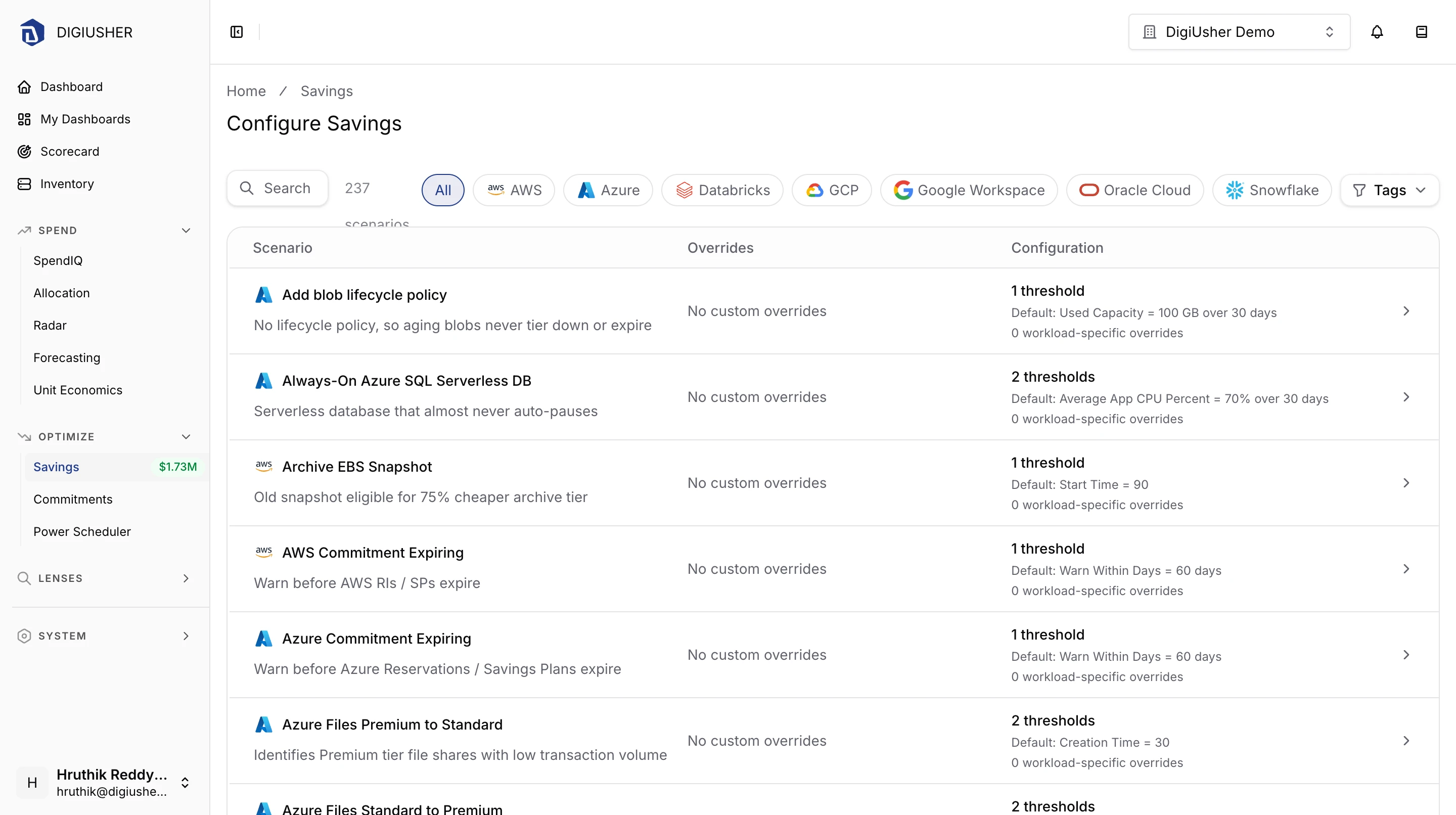 The scenario catalog, filtered by provider, with each rule's overrides and default thresholds